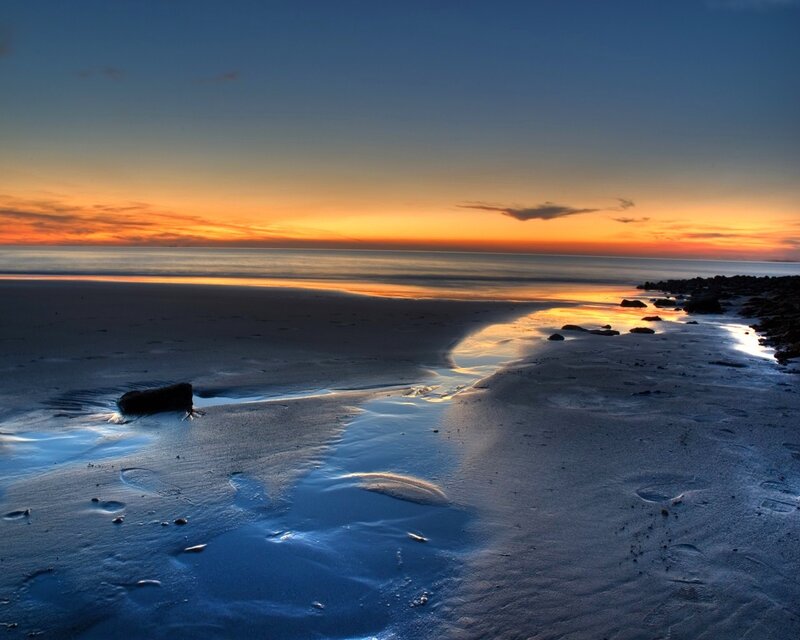 Beach at Sunset — Blue, Serene, Photograph, Ocean, Sky, Rocks, Orange