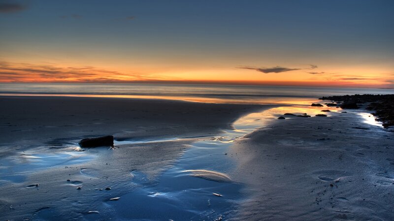 Beach at Sunset — Blue, Serene, Photograph, Ocean, Sky, Rocks