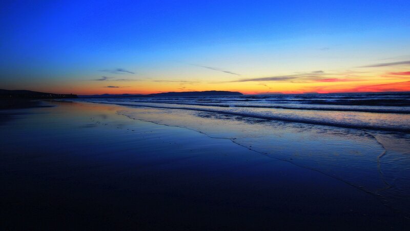 Beach at Sunset — Blue, Serene, Photograph, Ocean, Sky, Sand, Orange, Yellow