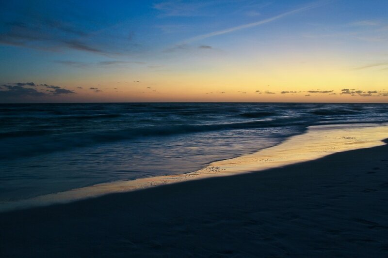 Beach at Sunset — Blue, Serene, Photograph, Ocean, Sky, Sand