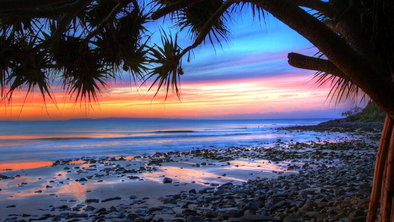 Beach at Sunset — Blue, Serene, Photograph, Palm Trees