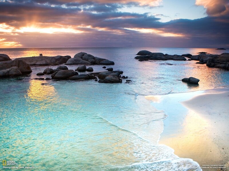 Beach at Sunset — Blue, Serene, Photograph, Rocks, Ocean, Sky