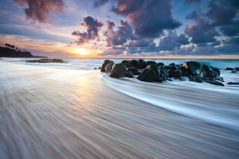 Beach at Sunset — Blue, Serene, Photograph, Rocks, Ocean