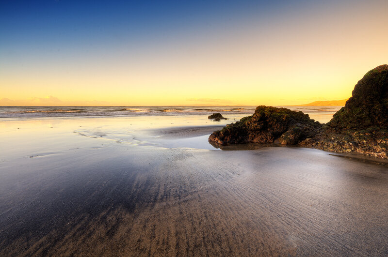 Beach at Sunset — Blue, Serene, Photograph, Rocks