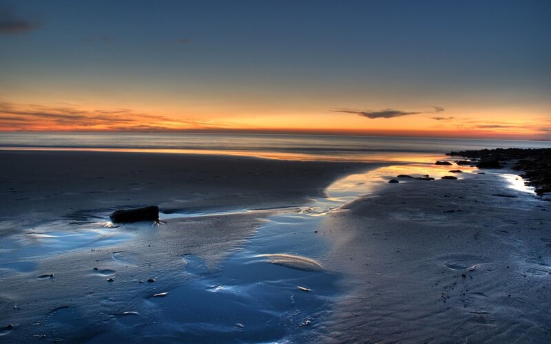 Beach at Sunset — Blue, Serene, Photograph, Sand, Ocean, Sky, Orange