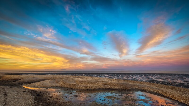 Beach at Sunset — Blue, Serene, Photograph, Sky, Clouds