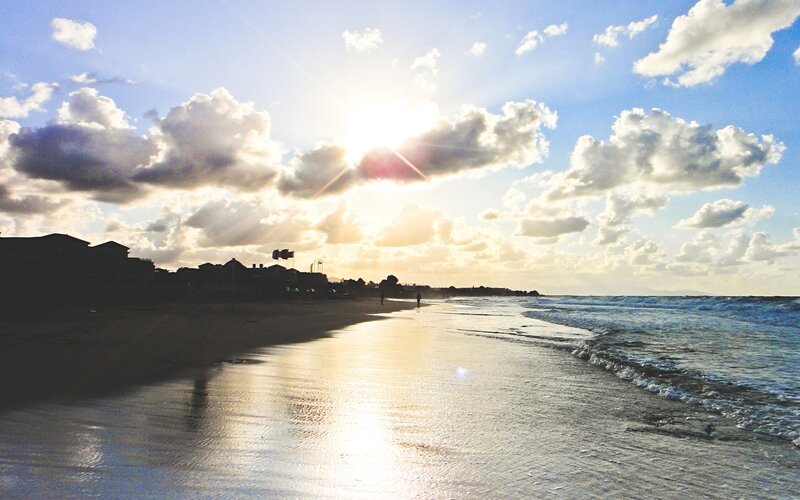 Beach at Sunset — Blue, Serene, Photograph, Sun, Clouds