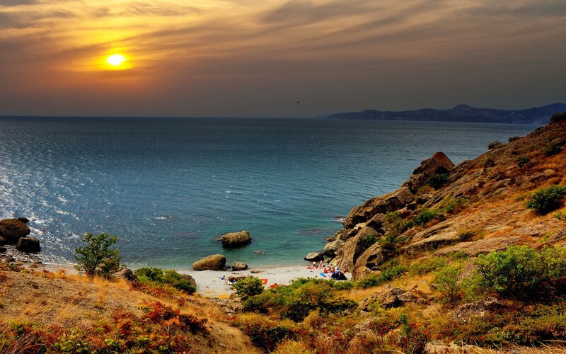 Beach at Sunset — Blue, Serene, Photograph, Sun