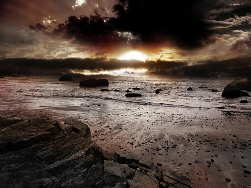 Beach at Sunset — Brown, Dramatic, Photograph, Ocean, Rocks, Clouds
