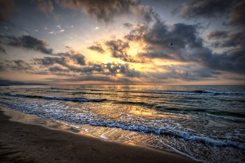 Beach at Sunset — Gold, Dramatic, Photograph, Ocean, Clouds