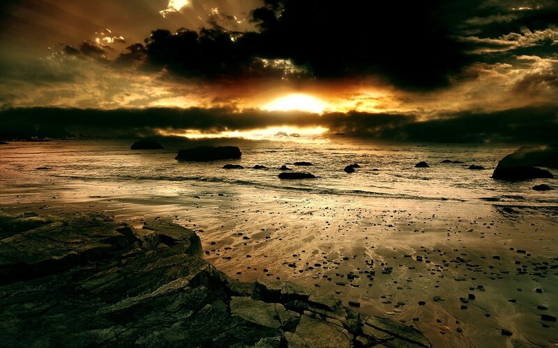 Beach at Sunset — Gold, Dramatic, Photograph, Ocean, Rocks, Clouds