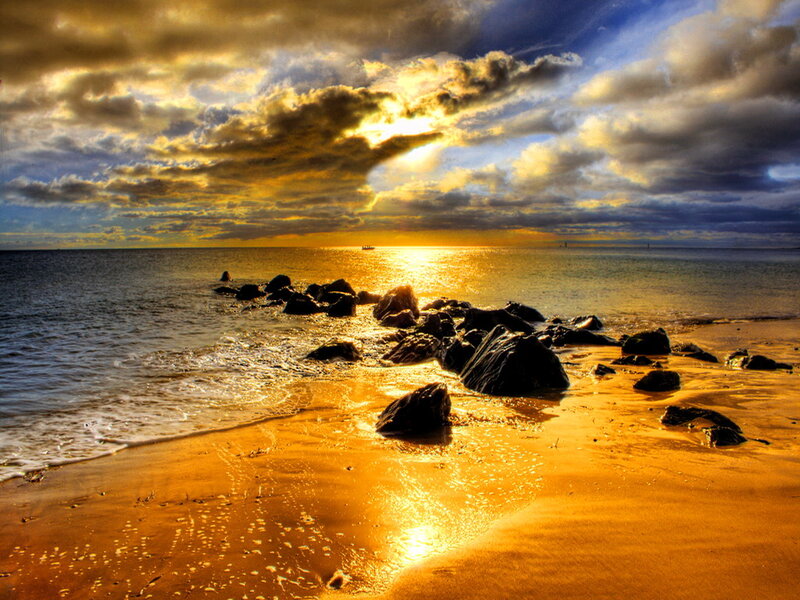 Beach at Sunset — Gold, Dramatic, Photograph, Rocks