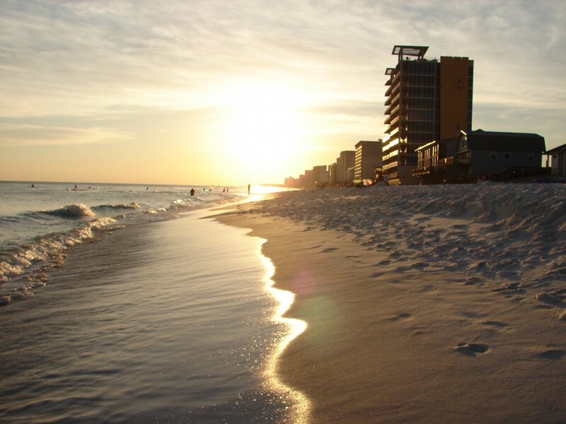 Beach at Sunset — Gold, Serene, Photograph, Buildings