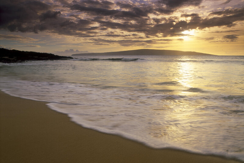 Beach at Sunset — Gold, Serene, Photograph, Ocean, Island, Clouds, Blue