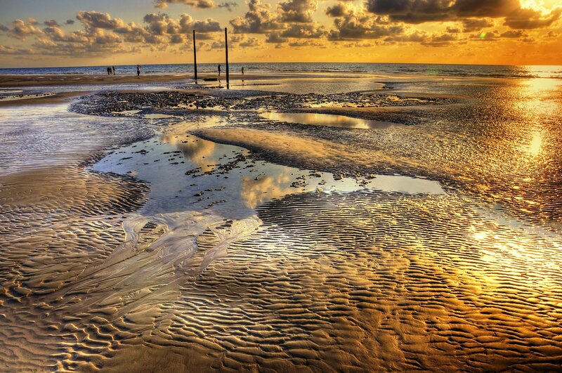 Beach at Sunset — Gold, Serene, Photograph, People