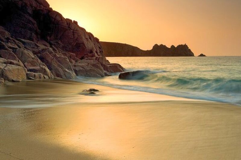 Beach at Sunset — Gold, Serene, Photograph, Rocks