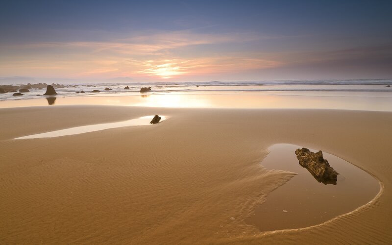 Beach at Sunset — Gold, Serene, Photograph, Sand, Rocks, Ocean, Blue, Orange