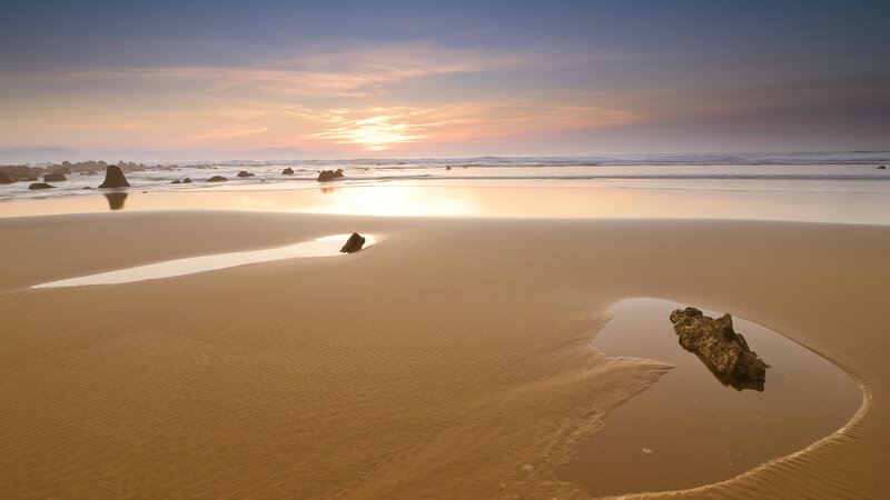 Beach at Sunset — Gold, Serene, Photograph, Sand, Rocks