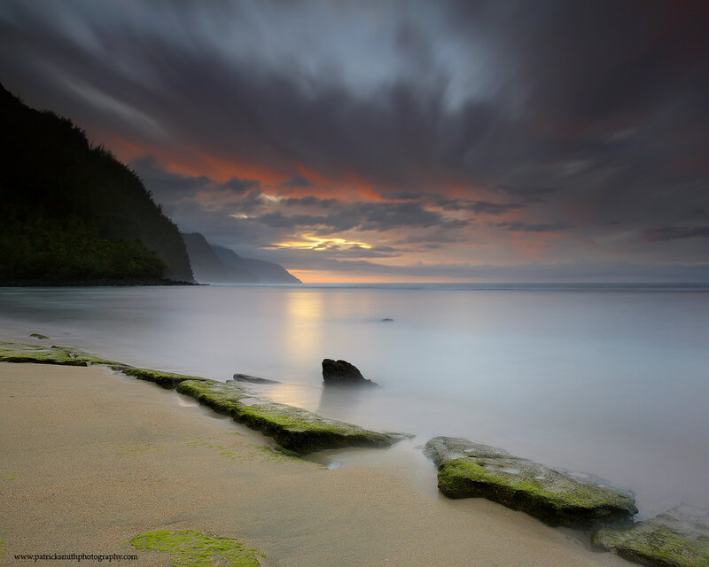 Beach at Sunset — Gray, Dramatic, Photograph, Mountain