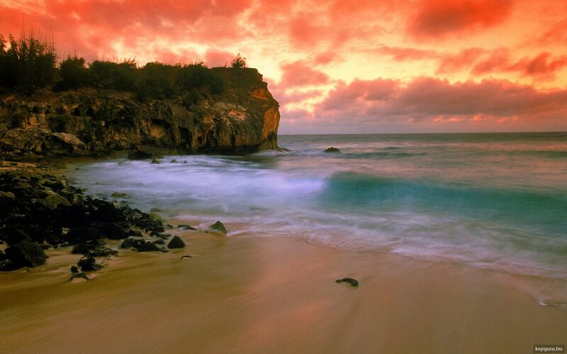 Beach at Sunset — Orange, Dramatic, Photograph, Cliff