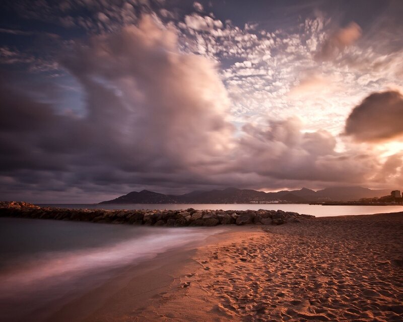 Beach at Sunset — Orange, Dramatic, Photograph, Clouds, Mountains, Sand, Purple