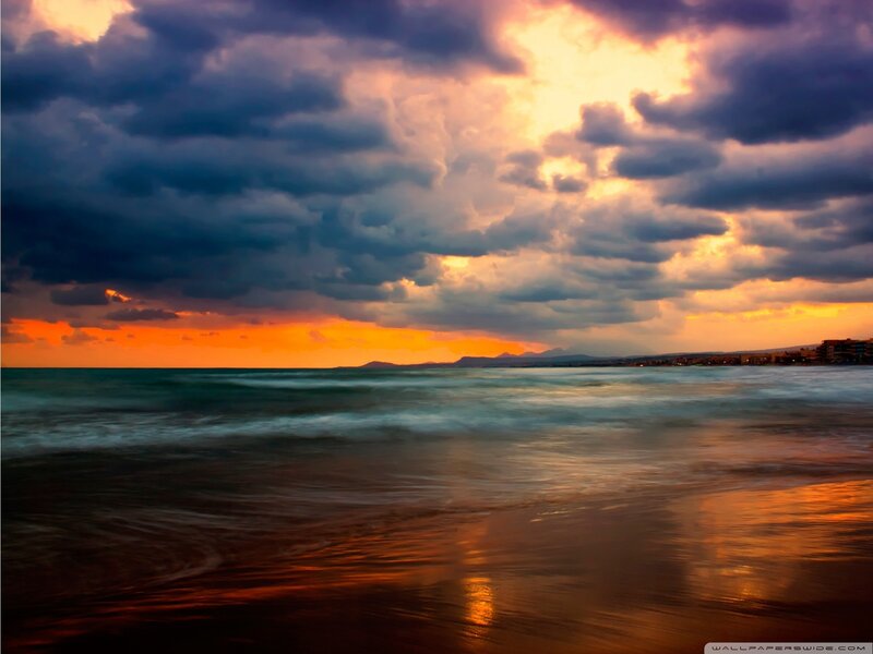 Beach at Sunset — Orange, Dramatic, Photograph, Clouds, Ocean, City, Blue