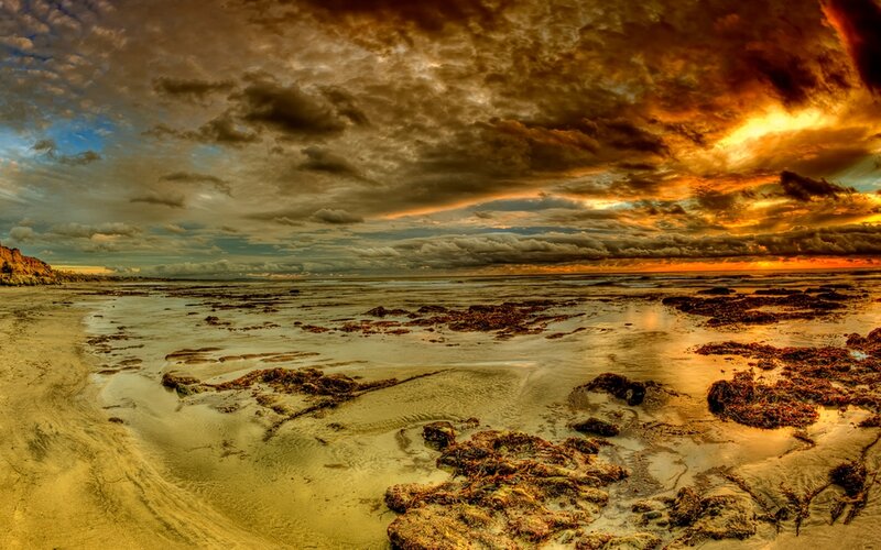 Beach at Sunset — Orange, Dramatic, Photograph, Clouds, Ocean, Sand