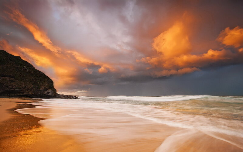 Beach at Sunset — Orange, Dramatic, Photograph, Clouds, Ocean