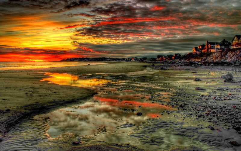 Beach at Sunset — Orange, Dramatic, Photograph, Houses