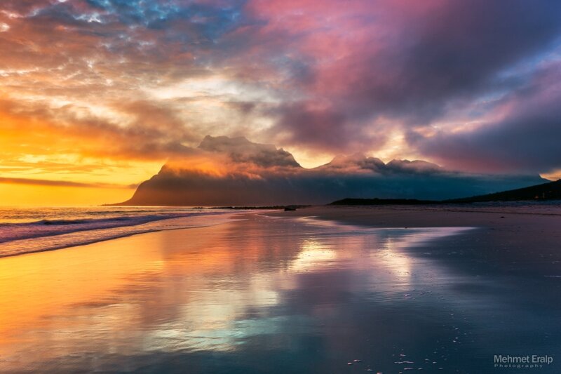 Beach at Sunset — Orange, Dramatic, Photograph, Mountain