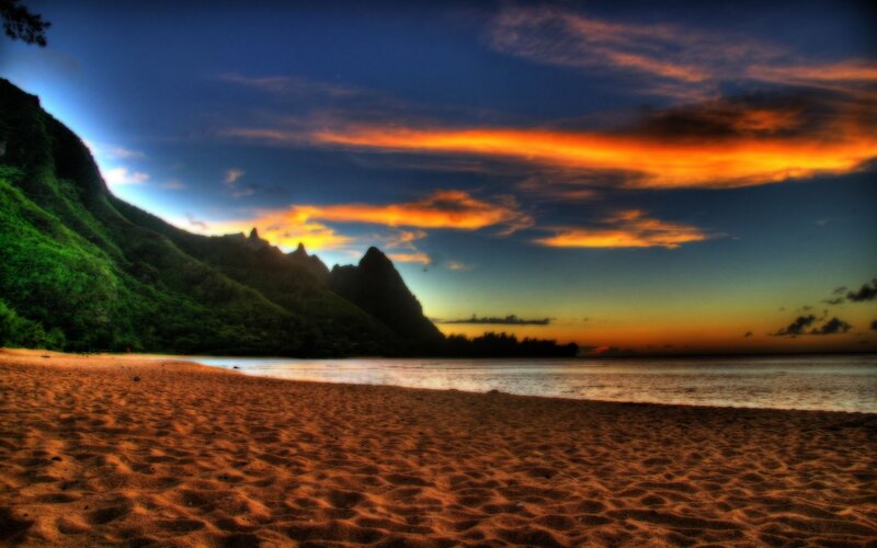 Beach at Sunset — Orange, Dramatic, Photograph, Mountains, Ocean, Sky