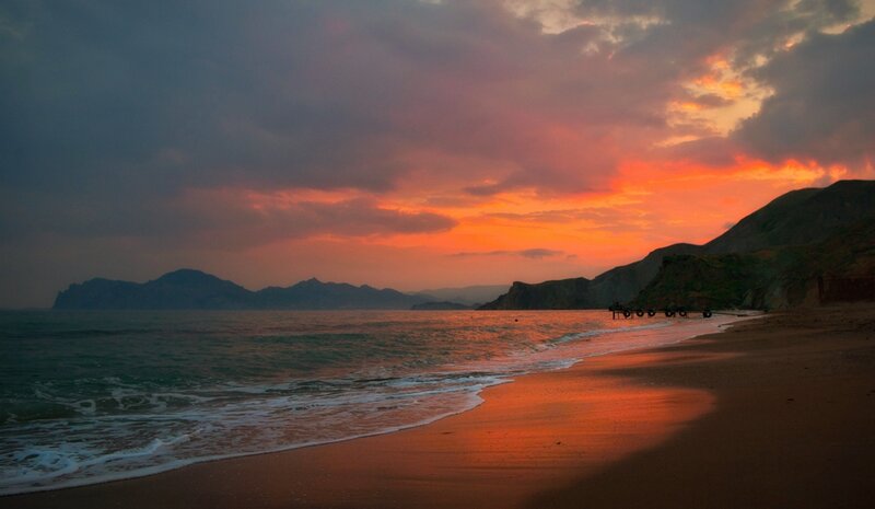 Beach at Sunset — Orange, Dramatic, Photograph, Mountains, Ocean