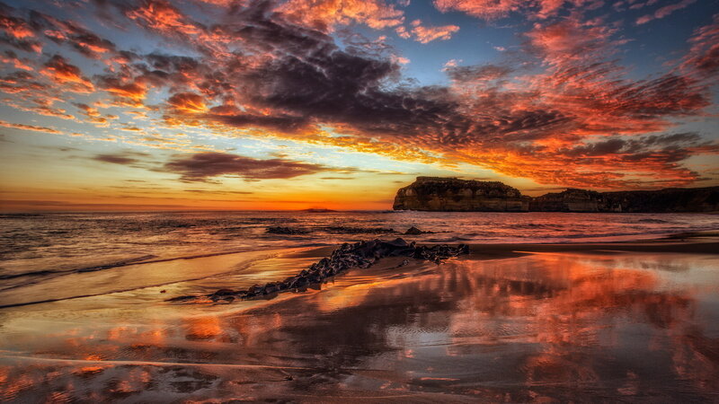 Beach at Sunset — Orange, Dramatic, Photograph, Ocean, Cliffs, Clouds