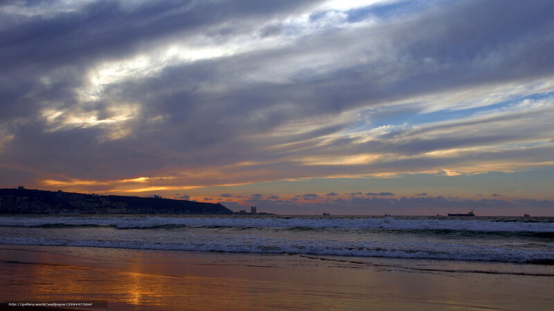 Beach at Sunset — Orange, Dramatic, Photograph, Ocean, Clouds, City