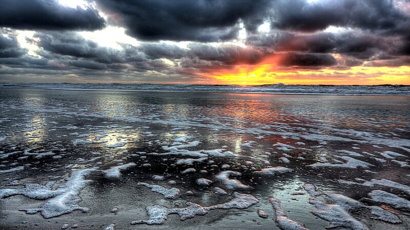 Beach at Sunset — Orange, Dramatic, Photograph, Ocean, Clouds, Foam