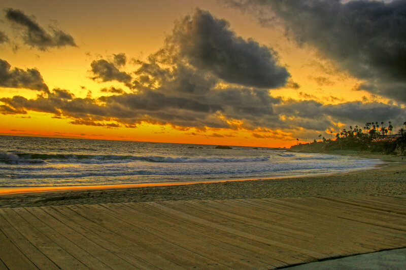 Beach at Sunset — Orange, Dramatic, Photograph, Ocean, Clouds, Palm Trees