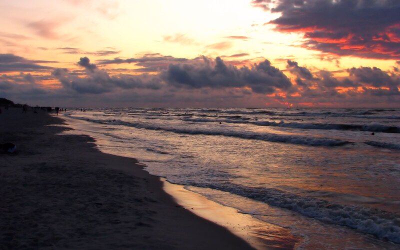 Beach at Sunset — Orange, Dramatic, Photograph, Ocean, Clouds, People