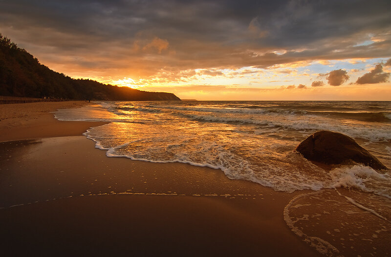 Beach at Sunset — Orange, Dramatic, Photograph, Ocean, Clouds, Rock