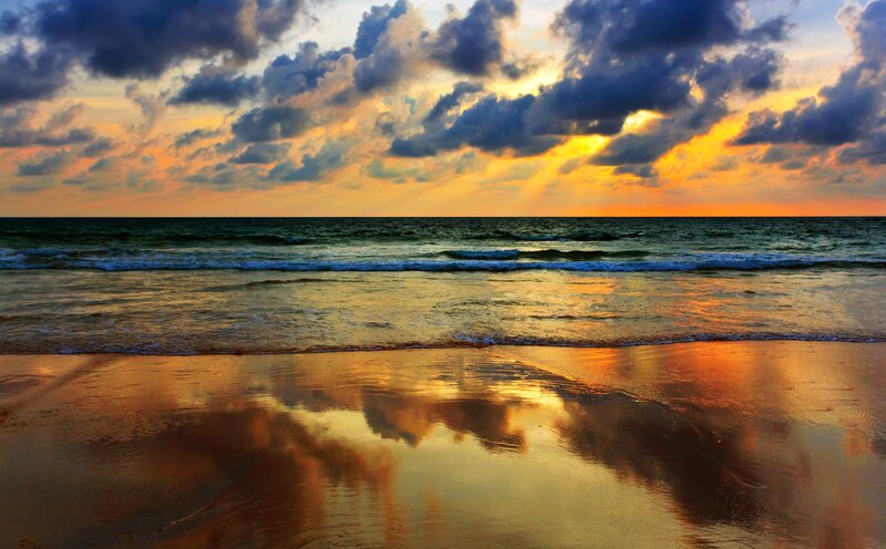Beach at Sunset — Orange, Dramatic, Photograph, Ocean, Clouds, Sand, Blue
