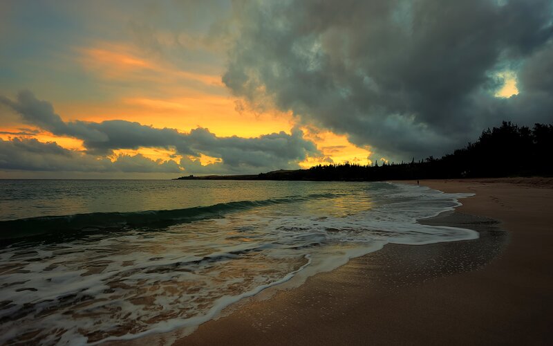 Beach at Sunset — Orange, Dramatic, Photograph, Ocean, Clouds, Sand