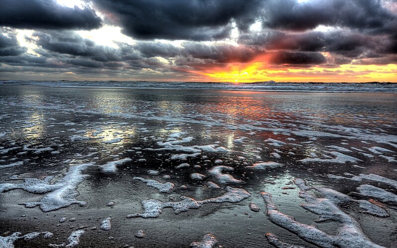 Beach at Sunset — Orange, Dramatic, Photograph, Ocean, Clouds