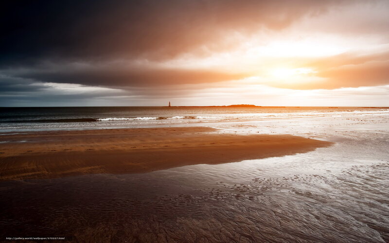 Beach at Sunset — Orange, Dramatic, Photograph, Ocean, Lighthouse