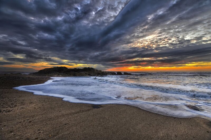Beach at Sunset — Orange, Dramatic, Photograph, Ocean, Rocks, Clouds
