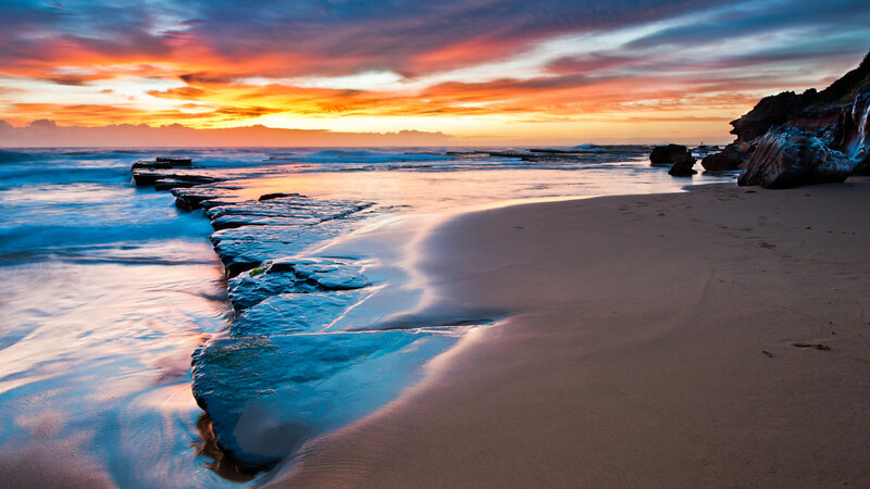 Beach at Sunset — Orange, Dramatic, Photograph, Ocean, Rocks, Sky