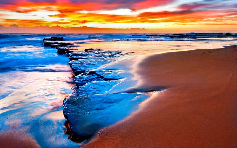 Beach at Sunset — Orange, Dramatic, Photograph, Ocean, Sand, Rocks