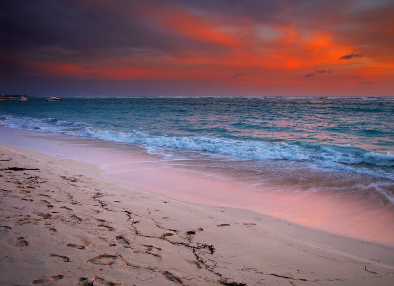 Beach at Sunset — Orange, Dramatic, Photograph, Ocean, Sky, Boats