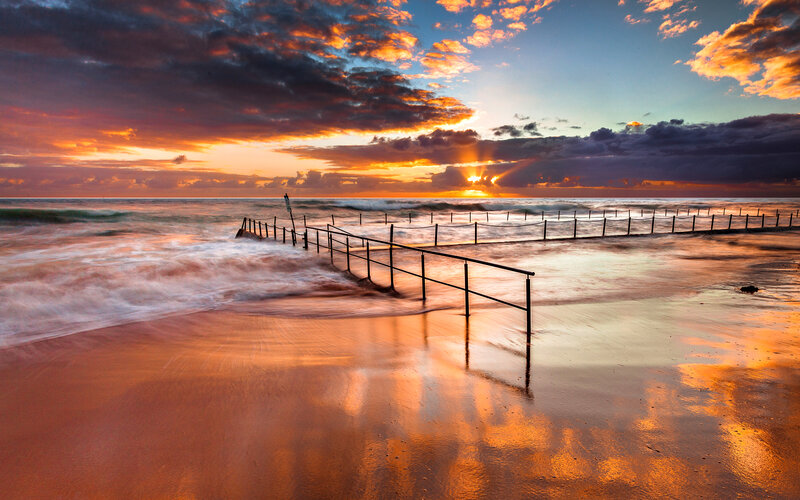 Beach at Sunset — Orange, Dramatic, Photograph, Ocean, Sky, Fence