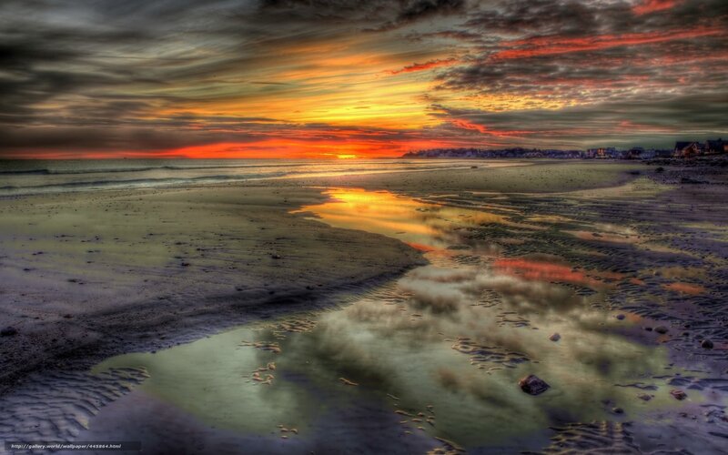 Beach at Sunset — Orange, Dramatic, Photograph, Ocean, Sky, Houses