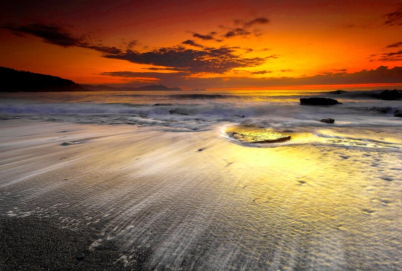 Beach at Sunset — Orange, Dramatic, Photograph, Ocean, Sky, Rocks