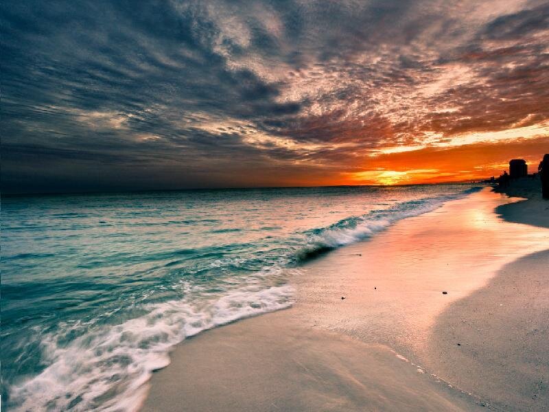 Beach at Sunset — Orange, Dramatic, Photograph, Ocean, Sky, Sand, Blue